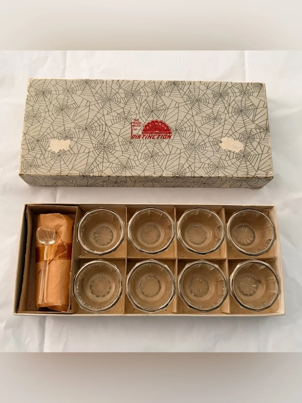 Rainbow Artware Glass Salt Celler Bowls with Spoons, Vtg, Original Box